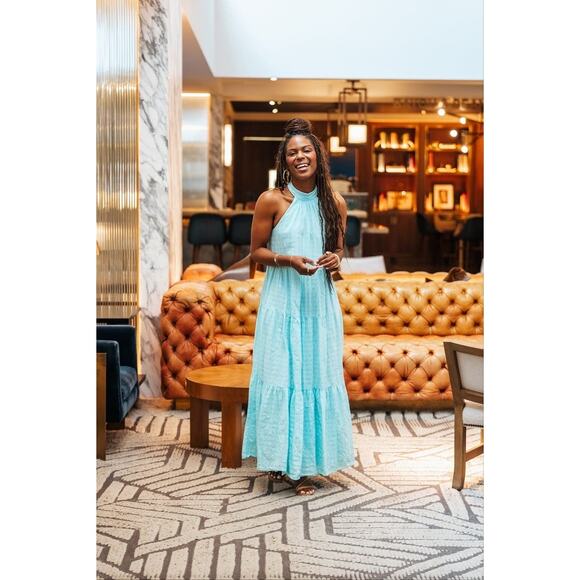 TRINA TURK Sky Blue 100% Cotton Halter Neck Sunglasses Maxi Dress Size XL - Picture 15 of 16